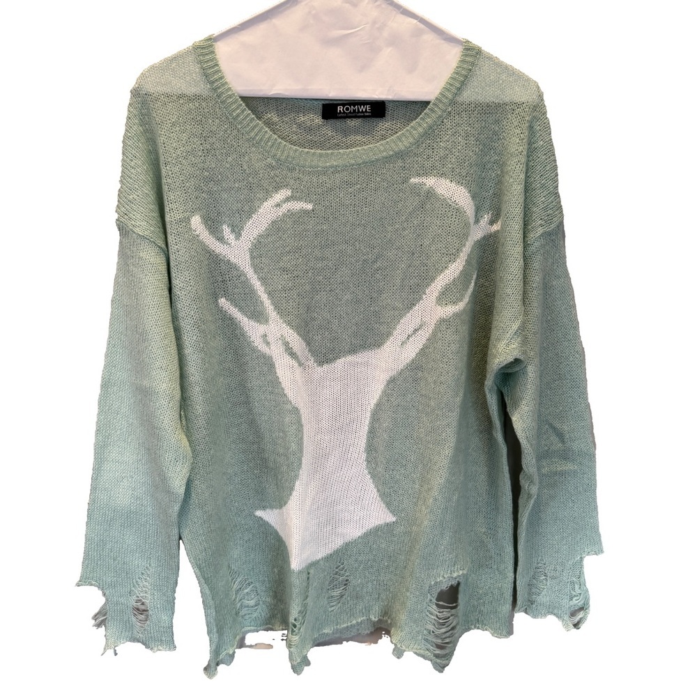 Romwe Pastel Goth Distressed Deer Sweater Jumper Tumblr 2014 Kawaii Cute Mint OS - Picture 2 of 12